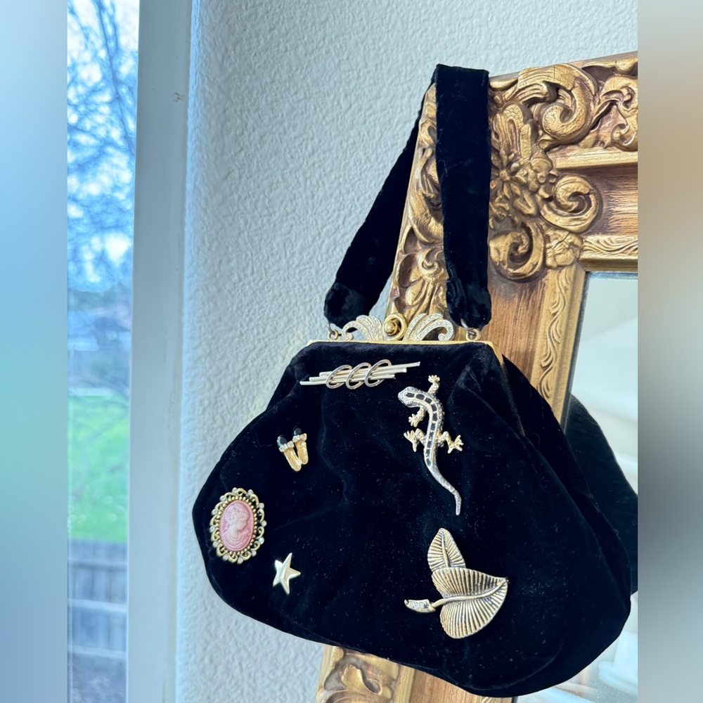 Vintage Black Velvet Bag & Brooches
